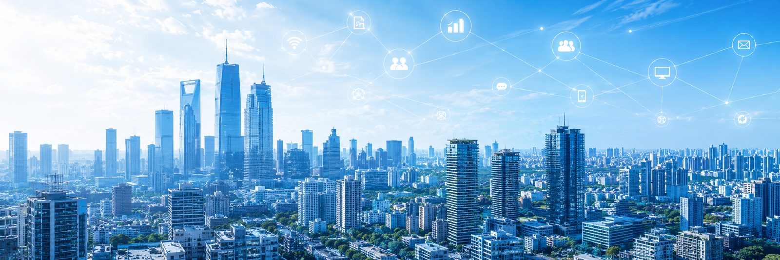 データとテクノロジーが融合する都市のイメージ